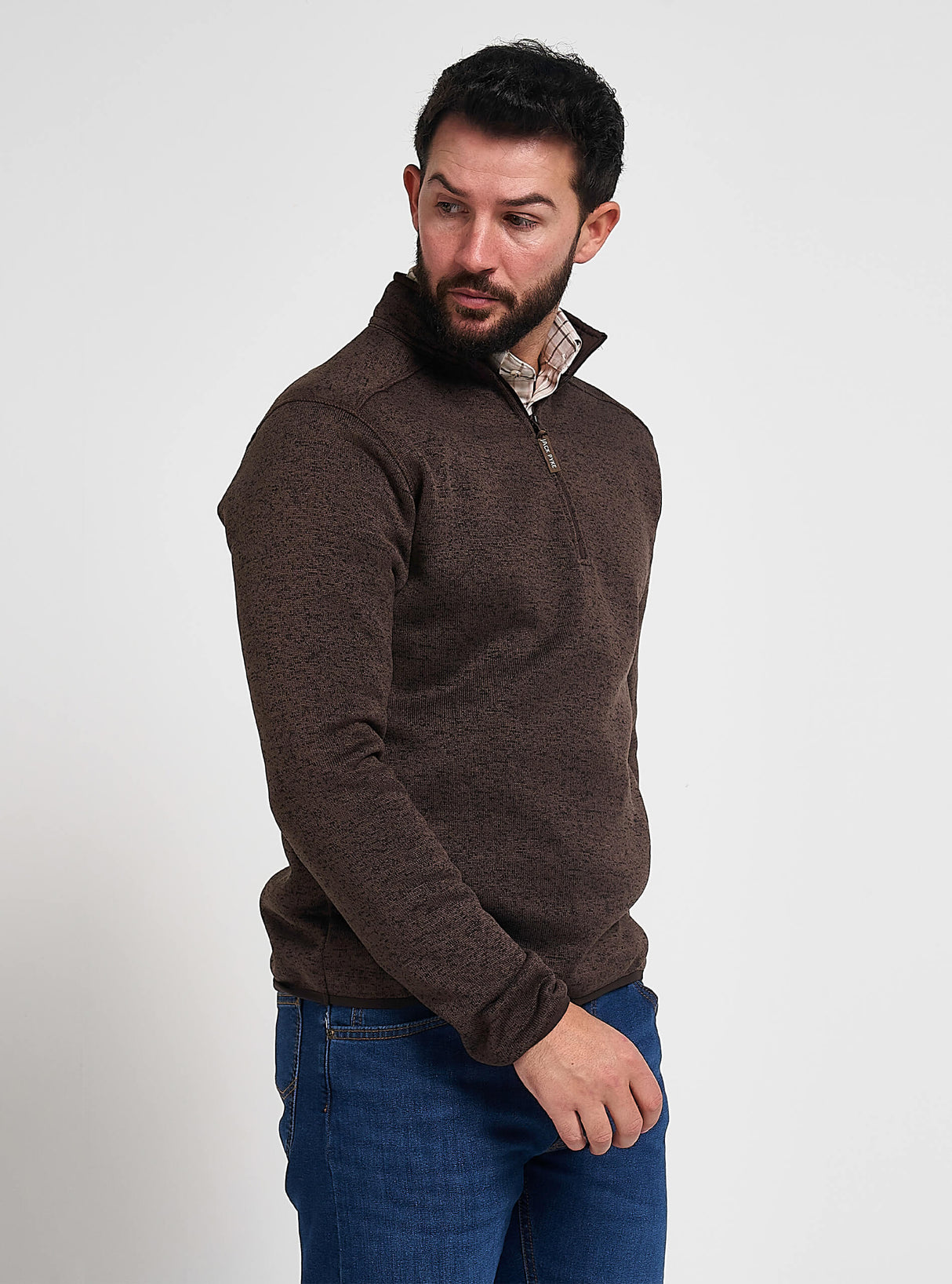 Melange Fleecetrui Kwart Rits Bruin Gemêleerd
