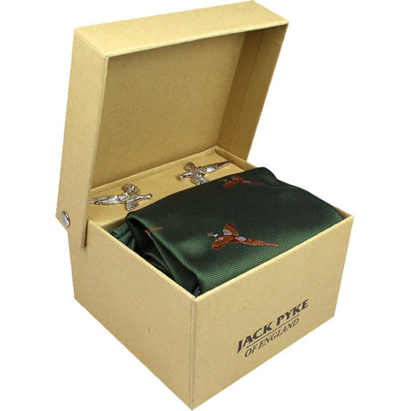 Geschenkset Stropdas, Zakdoek en Manchetknopen Fazant